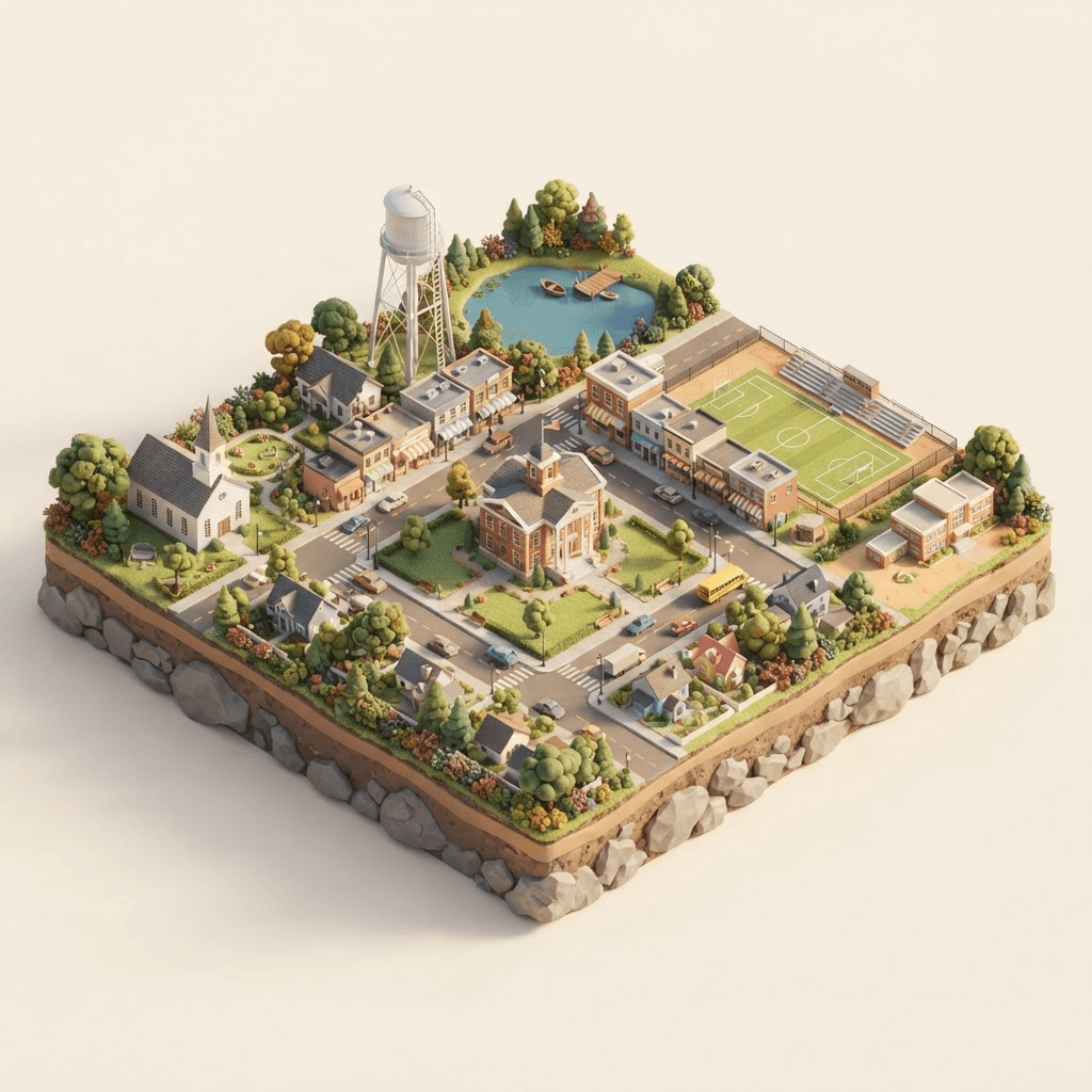 A miniature 3D model of a small Louisiana town with a courthouse, church, school and lake