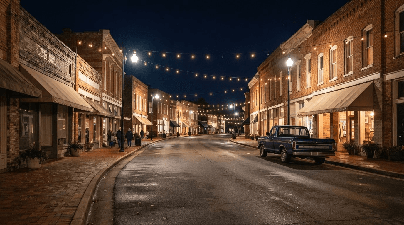 A small Louisiana main street at night with string lights
