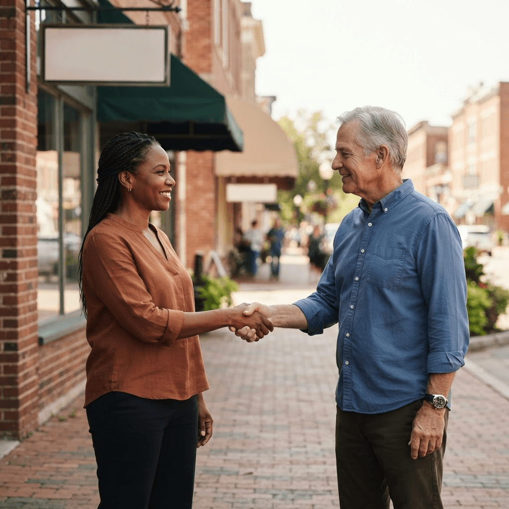 Two local business owners shaking hands on a small-town sidewalk